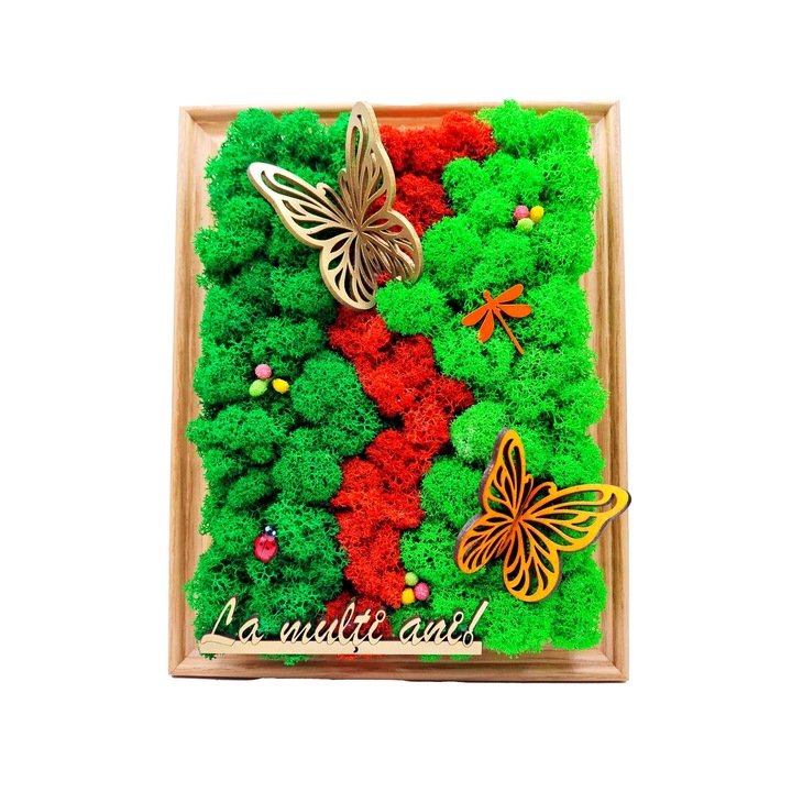 Tablou Decorativ cu Licheni Stabilizati si Fluturi, cu Mesaj de „La Multi Ani” – Decor Elegant si Inspirational pentru Mama, Sora, Cumnata, Nasa, Fina, Invatatoare, Educatoare, Profesoara, Diriginta – Dimensiune 23 x 18 cm