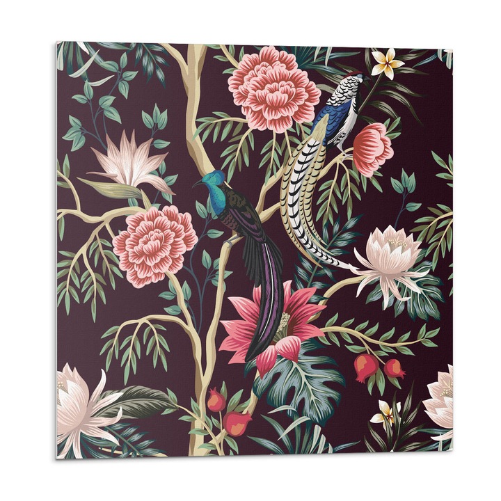 Placi autoadezive, Wallfluent, Model floral cu pasari, Verde, 9x30x30, 010310410010000028006