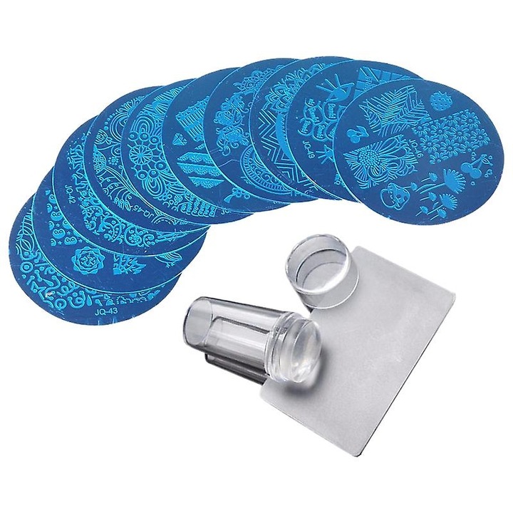 Set placi de imprimare unghii 10 buc, 304 otel inoxidabil, 5.6cm, cu stampila transparenta si racleta