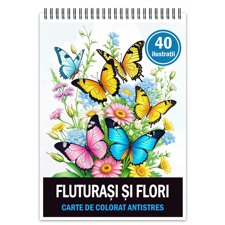 Carte de colorat de buzunar, 40 de ilustratii Fluturasi cu Flori, 86 pagini, Format: A6 - 14.8x10.5cm, Editura Cadouri Legendare