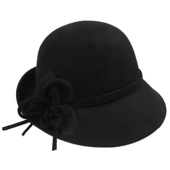 Caciula dama vintage retro din lana cu flori, neagra, dimensiune unica