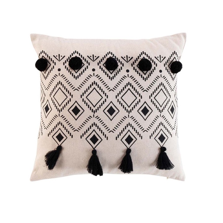 Boho stílusú díszpárna fekete bojtokkal, Nalika, 160 g/m2, 40 x 40 cm, krém