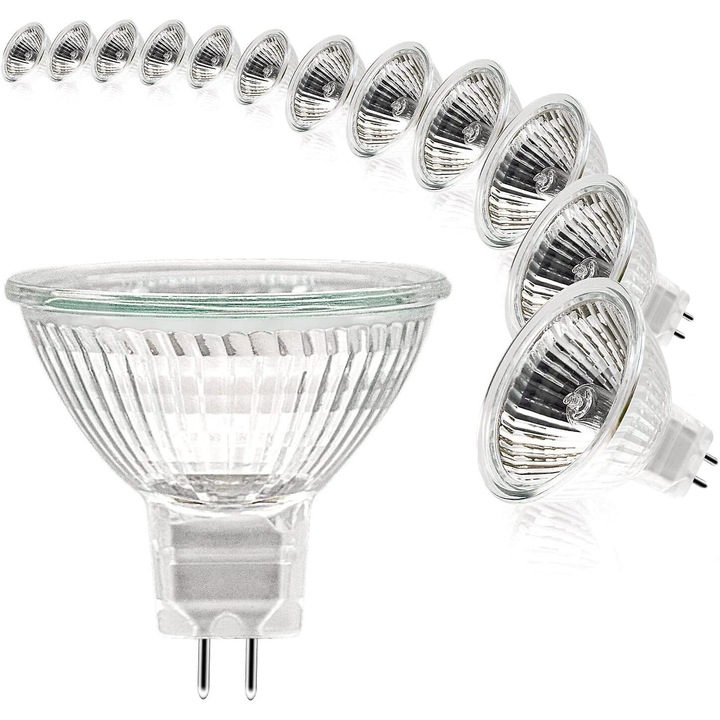 Becuri halogen MR16, 12V, 20W, dimabile, 2 pini, alb cald, set de 12 bucati, 50mmx53mm