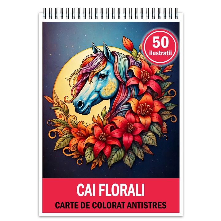 Carte de colorat antistres, 50 de ilustratii Cai Florali, 106 pagini, Format: A5, Editura Cadouri Legendare