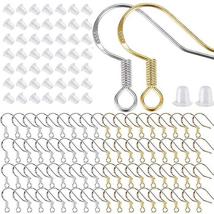 Set 400 Piese Carlige Cercei Aurii si Argintii, Accesorii pentru Crearea Bijuteriilor, 12x9x0.9cm
