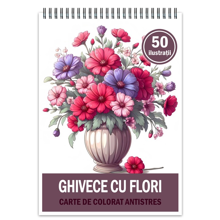 Carte de colorat de buzunar, 50 de ilustratii Ghivece cu Flori, 106 pagini, Format: A6 - 14.8x10.5cm, Editura Cadouri Legendare