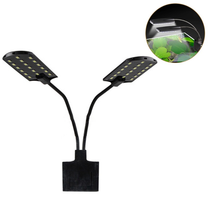 Clip-on akvárium lámpa, fehér és kék LED, 32cm, fekete