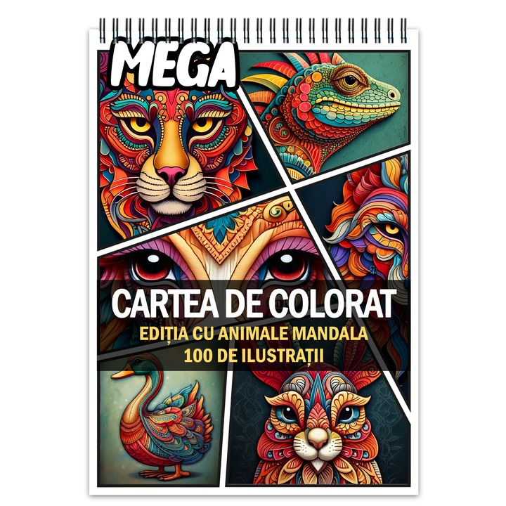 Мега антистрес книга за оцветяване, 100 илюстрации с Мандала животни, 206 страници, Формат: A5, Издателство Cadouri Legendare