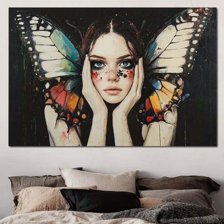 Премиум картина върху платно, LuxCanva® G1110, Лице на пеперуда, 100 X 150 CM, 100% памучно платно 400g/m2, дървена рамка, Метаморфоза, Крила, Поглед, Полет, Пеперуди, Трансформация, Цветен, Полет, Хол, Спалня