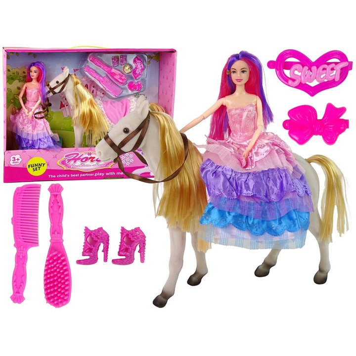 Baba szett fehér lóval, 30 cm, hajdíszek, többszínű