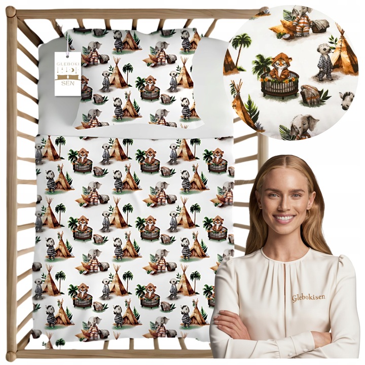 Set de lenjerie de pat pentru copii, 90 x 120, 50 x 60, Fermoar, Hipoalergenic, Bumbac, Animale, Alb cu model colorat