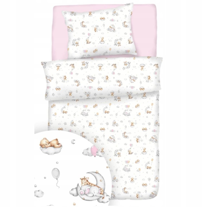 Детски спален комплект, 90 х 120, 50 х 60, Цип, Хипоалергенен, Памук, Плюшени мечета на луната, Бял с шарен десен