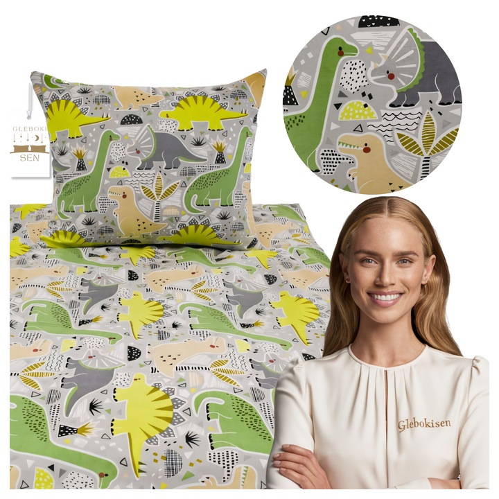 Детски спален комплект, 90 х 120, 40 х 60, цип, хипоалергичен, памук, динозаври, Бяло, Зелено