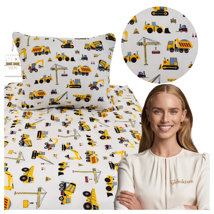 Set de lenjerie de pat pentru copii, 100 x 160, 70 x 80, Fermoar, Hipoalergenic, Bumbac, Sapatori galbeni, Alb cu model colorat