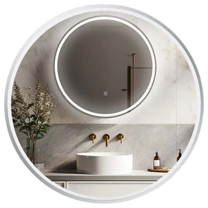 Oglinda pentru baie cu iluminare LED, Balneo, Sun, 60 cm, Intrerupator touch, instalare usoara, reglare usoara a luminii, Antipara, Dimming, Schimbare de culoare, Classa F, Sticla, Suspendat, Rotund