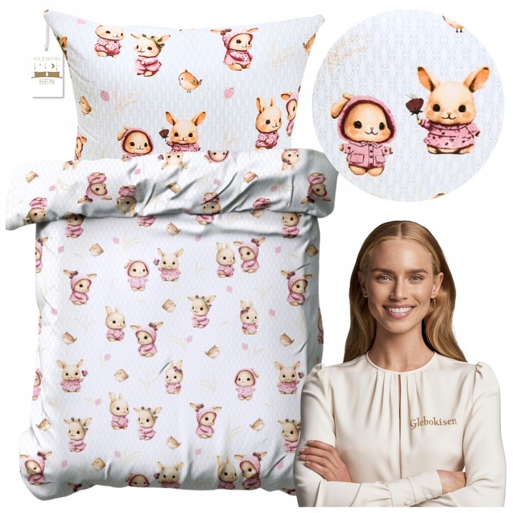 Set de lenjerie de pat pentru copii, 100 x 120, 40 x 60, Fermoar, Hipoalergenic, Bumbac, Iepurasi roz, Alb cu model colorat