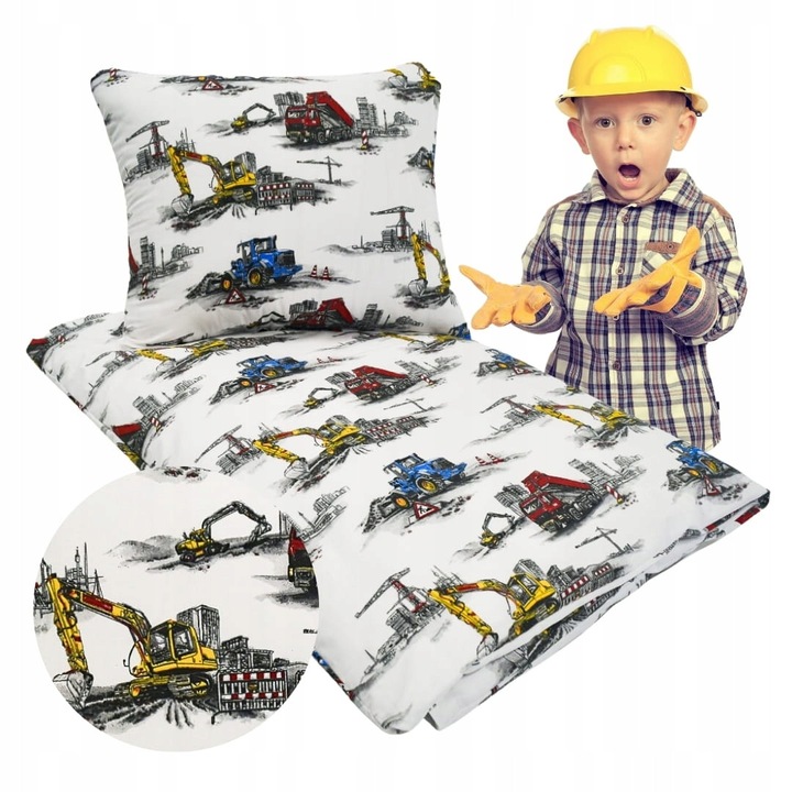 Детски спален комплект, 120 x 160, 70 x 80, Цип, Хипоалергенен, Памук, Строителни машини, Бял с шарен десен