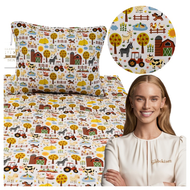 Set de lenjerie de pat pentru copii, 100 x 160, 50 x 60, Fermoar, Hipoalergenic, Bumbac, Ferma fericita, Alb cu model colorat