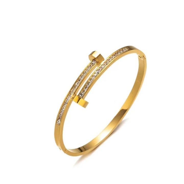 Bratara aurie, din otel inoxidabil, suflata cu aur 18k, tip bangle, cu pietre din zirconiu, Ivona C5