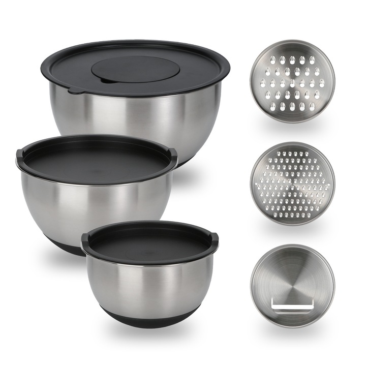Rozsdamentes acél tálkészlet 3 reszelővel, szivárgásmentes fedéllel, csúszásmentes talppal, 3 darabos
