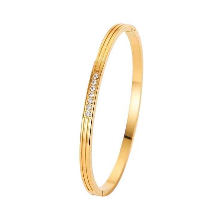 Bratara aurie, din otel inoxidabil, suflata cu aur 18k, tip bangle, cu pietre din zirconiu, Jayden C6