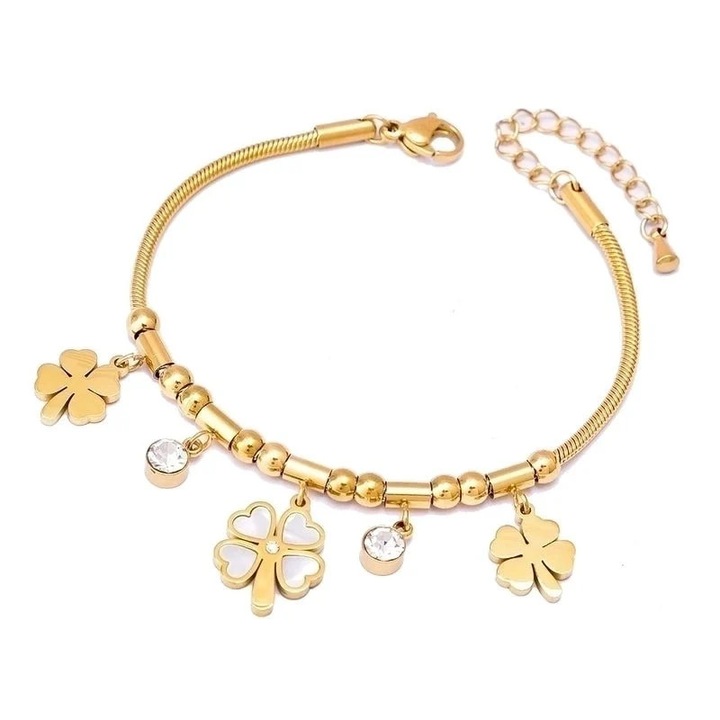 Bratara aurie, din otel inoxidabil, suflata cu aur 18k, cu trifoi si pietre, Isakine C5