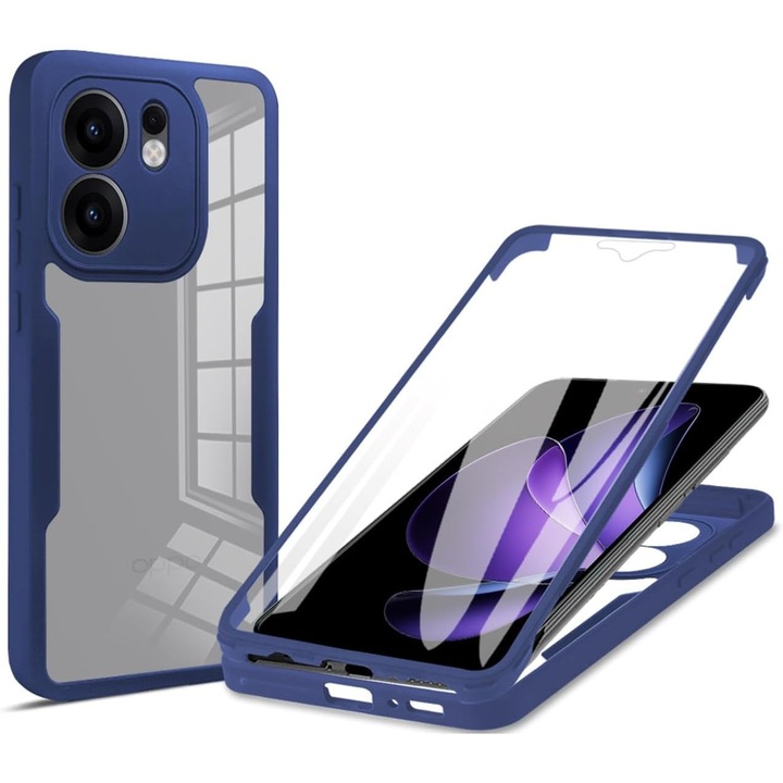 Set 360: Husa cu folie integrata pentru Oppo Reno 13F 13FS 4G 5G Protectie 360 fata / spate - Albastru