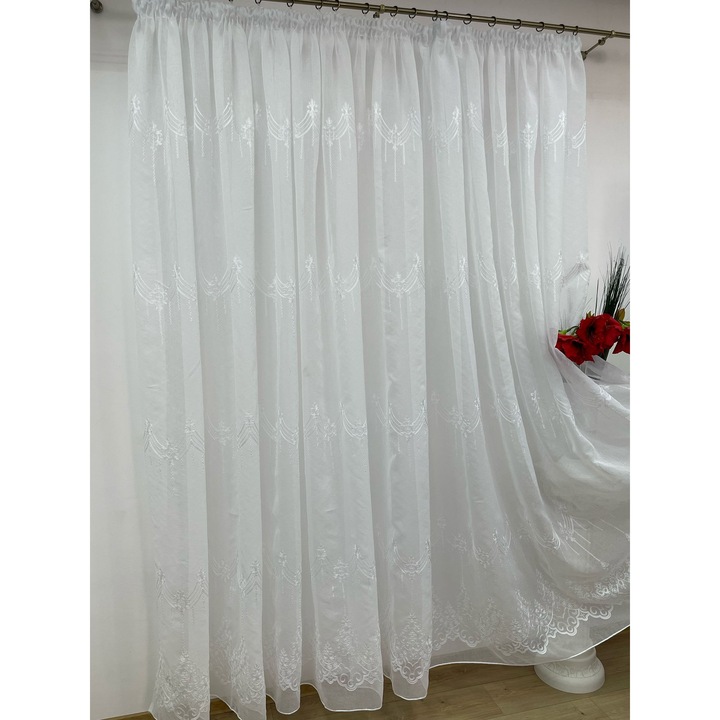 Perdea brodata din in, culoare alba, cu rejansa, 500x245cm, din colectia "Byzantine Baroque" by Liz Line - PD0325