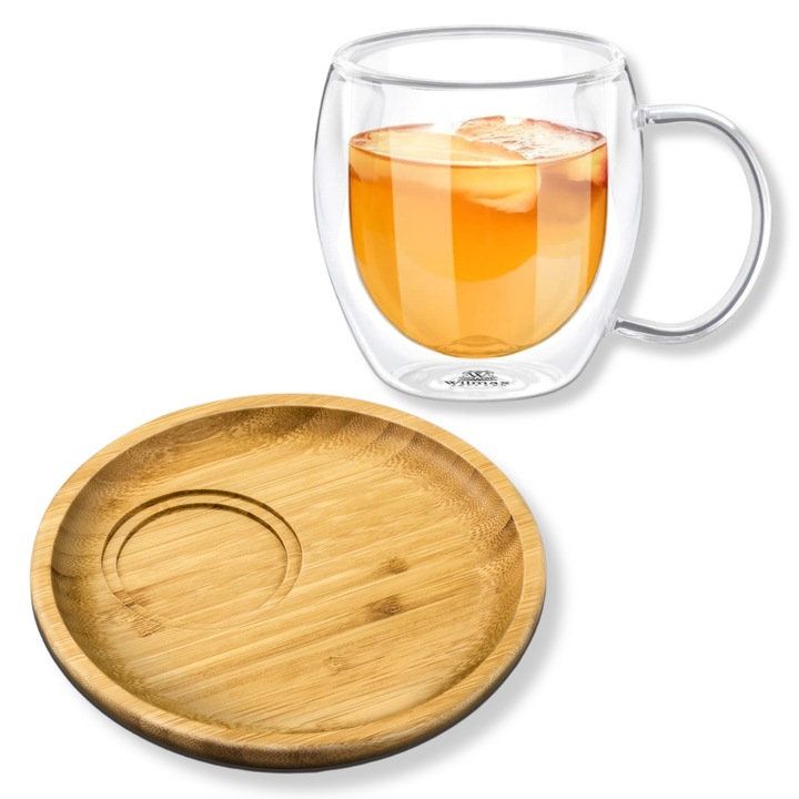 Set cesti cafea, cana ceai sticla perete dublu 400 ml + farfurie bambus 17.5 cm, Wilmax England