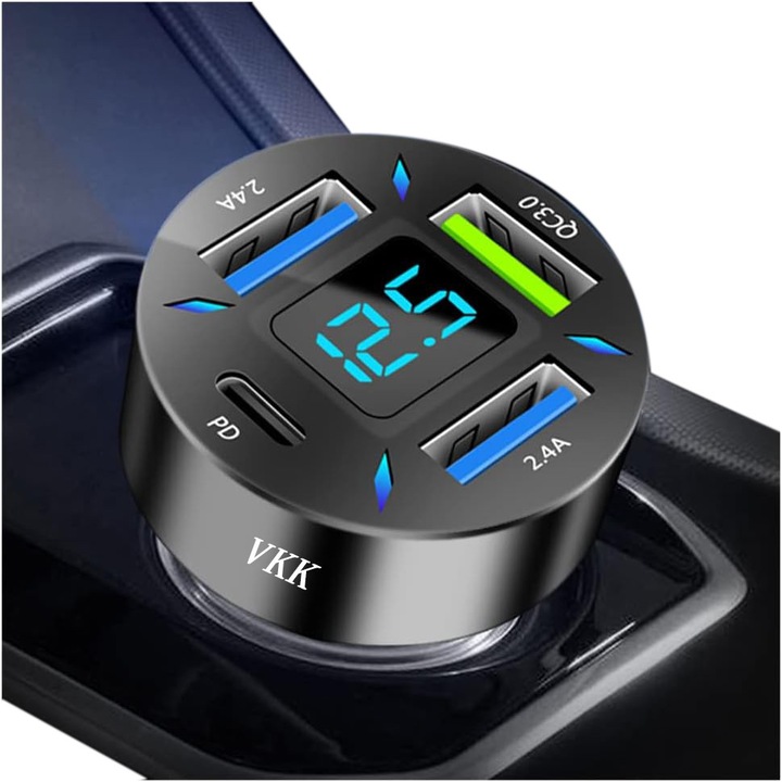 Intelligens autós töltő, VKK®, 66W, védelemmel, kék LED, fém ház, 12V/24V, biztonságos és gyors töltés, fekete