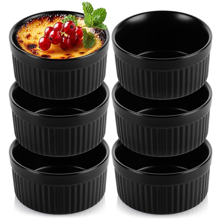 Set De Boluri Rezistente La Caldura, Vilde, Cocote Ceramice, Negru, 6 Bucati, Capacitate 260 ml, Rezistente La Temperaturi De Pana La 350°C, Destinate Pentru Coacere Si Servirea Preparatelor