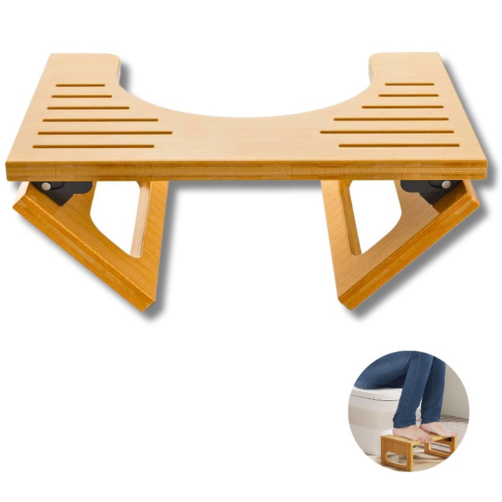 Scaunel Inaltator WC Jaskus® Bambus - Taburet Postural Reglabil & Pliabil pentru Pozitia Corecta pe Toaleta, Combatere Constipatie/Hemoroizi, Design Compact Eco-Friendly, Stabil, 42.9x27x18cm