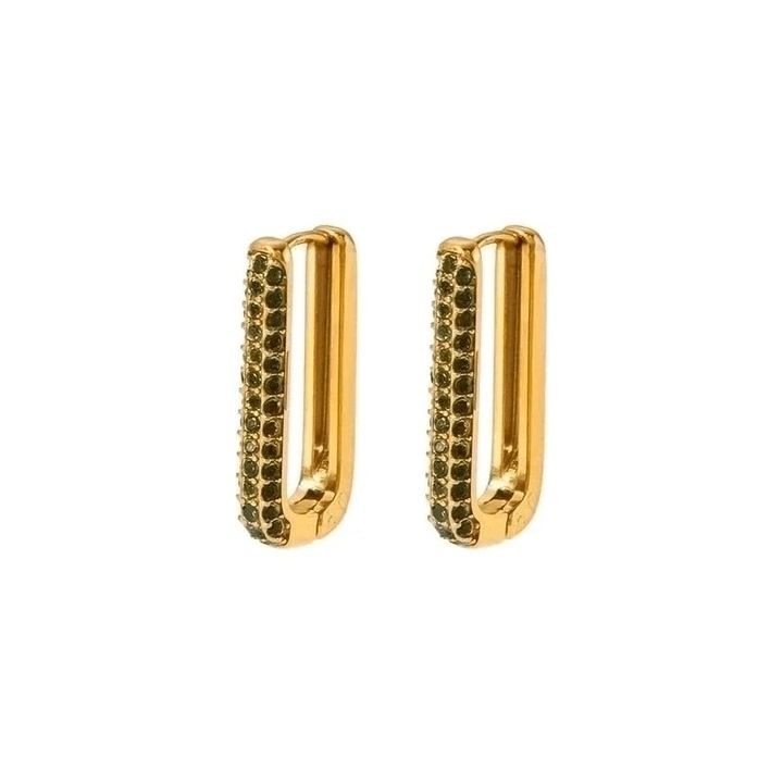 Cercei aurii, din otel inoxidabil, forma ovala, cu pietre verzi din zirconiu, suflati cu aur 18k, Florida C1