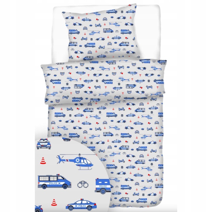 Set de lenjerie de pat pentru copii, 140 x 160 cm, 50 x 70, Fermoar, Hipoalergenic, Bumbac, Politie, Alb, Albastru deschis, Gri