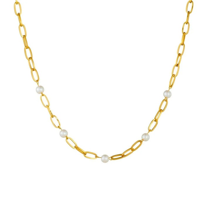 Colier auriu, din otel inoxidabil, suflat cu aur 18k, cu zale si perlute, Elija C2