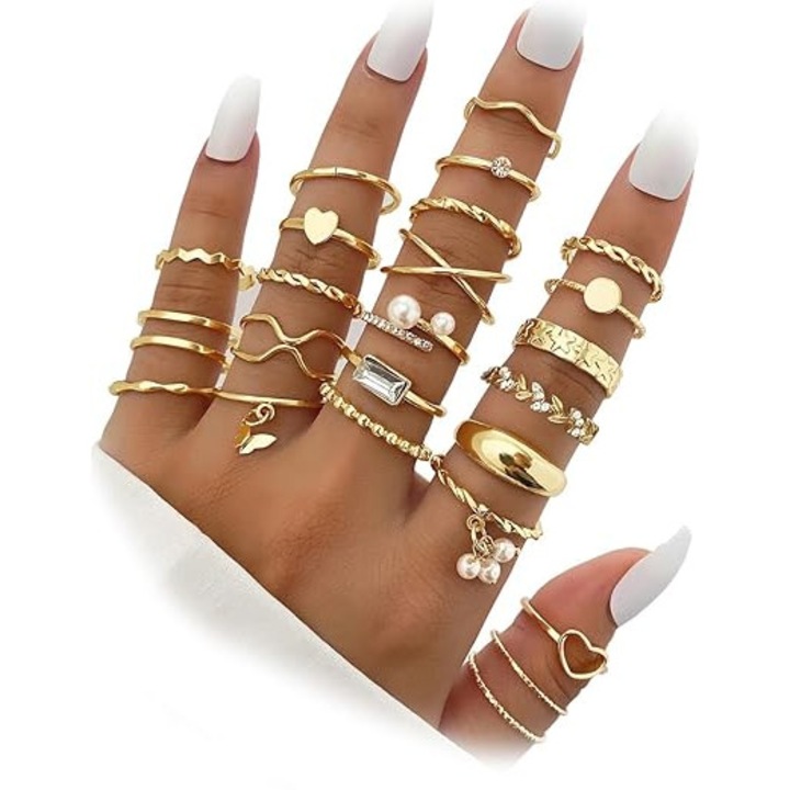 24 db vintage gyűrű szett nőknek, Supertina, különböző stílusok, arany színű, többféle méret