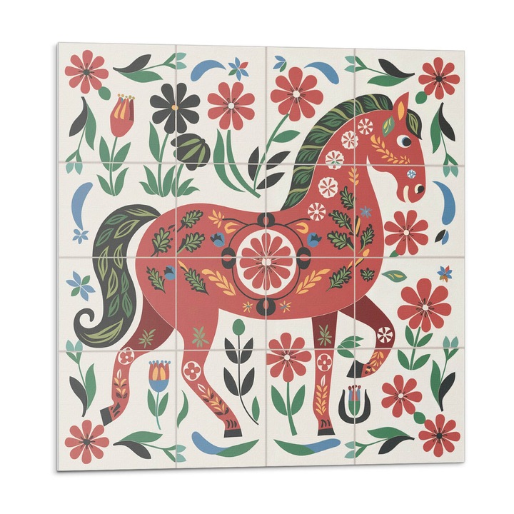 Dekoratív vinil panel, Wallfluent, Ló minta a virágok, Piros, 4x50x50, 010310410040000283169