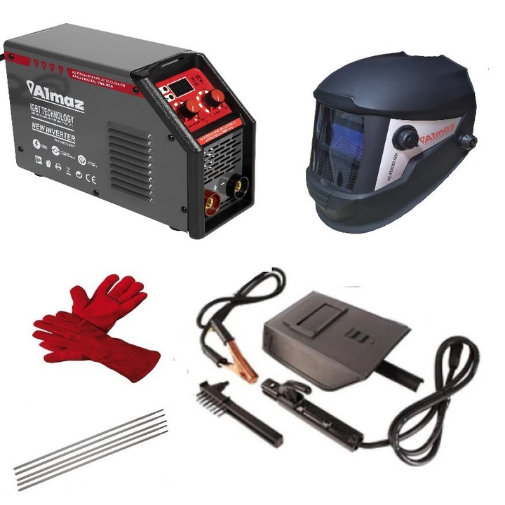 Set Invertor de sudura MMA ALMAZ AZ-ES005 si Masca de sudura cu reglaj automat, 2 senzori, sudura, polizare Almaz AZ-ES3001-G01 palmari si electrozi cadou