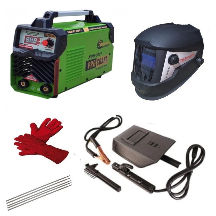 Set Invertor Sudura MMA Procraft AWH-300T, 300A aparat sudura si Masca de sudura cu reglaj automat, 2 senzori, sudura, polizare Almaz AZ-ES3001-G01 palmari si electrozi cadou