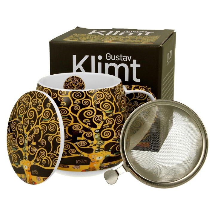 Cana Cu Infuzor Si Capac, Duo, Gustav Klimt, Copacul Vietii, Portelan New Bone China, Alb/Aur, 0, 3 l, Cadou/Decorare, Set 1xCana