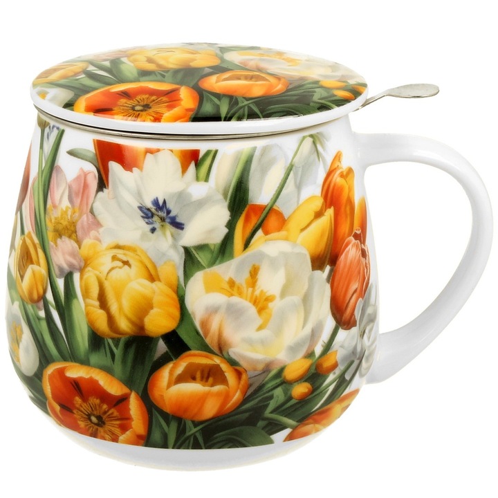 Cana Cu Infuzor Si Capac, Duo, Portelan Nou, Multicolor, 0, 3 l, Motiv Cu Lalele, Cutie De Cadou