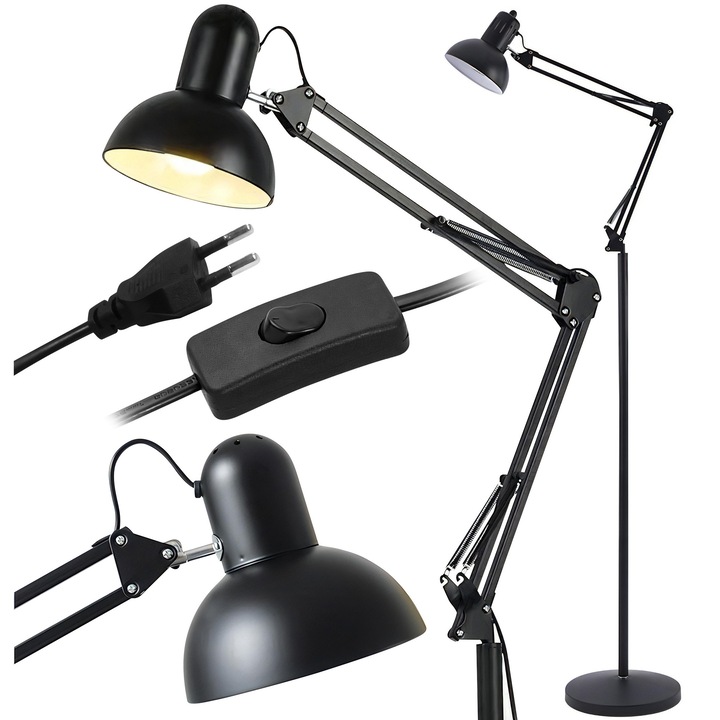 Lampa de podea cu 1 sursa de lumina, Renew Force, Ambientala si de lectura, Din aluminiu, 190x25x13 cm, 40 W, Aprindere separata, Lumina difuza, E27, Reglabil, metal ABS si plastic, Structura stabila, Negru DELT10