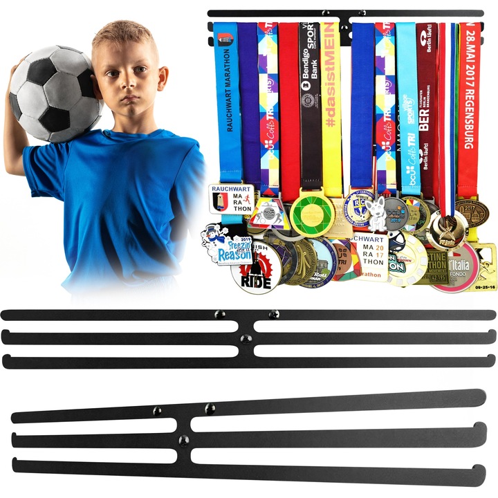 Suport pentru organizarea si expunerea medaliilor, Suport pentru medaliicu 4 spatii, montare pe perete, metal, 35.5 x 5 cm, negru, display medalii, Otel carbon, pentru sportivi, Montare usoara, Design Modern WIN-ER5