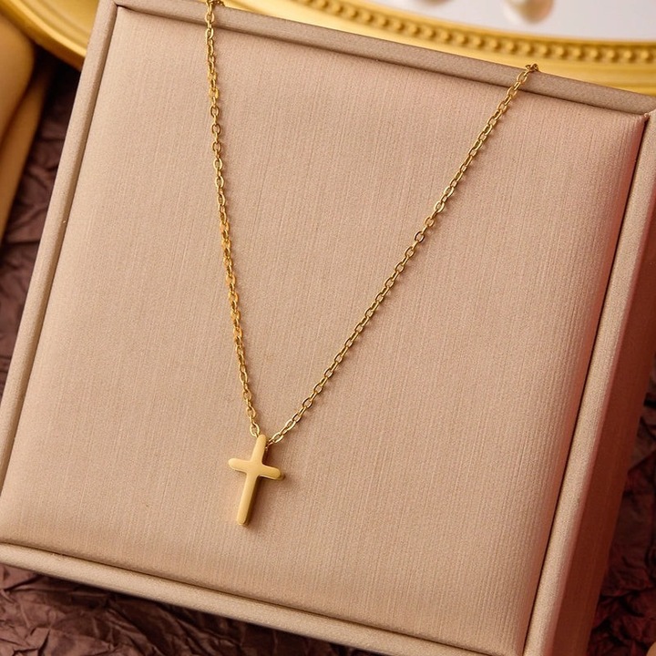 Colier auriu, din otel inoxidabil, suflat cu aur 18k, cu pandantiv cruciulita, Inna C4