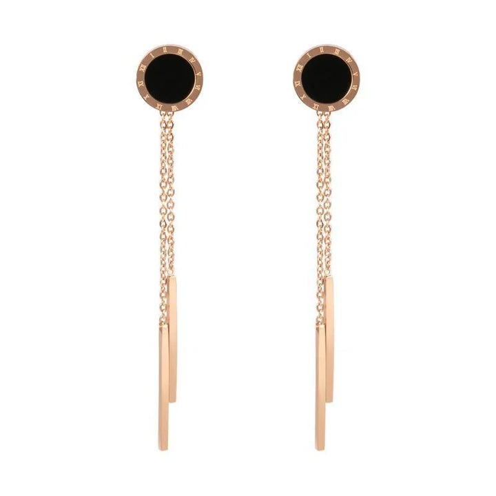 Cercei rose gold, din otel inoxidabil, lungi, cu cerculete, suflati cu aur 18k, Franca C1