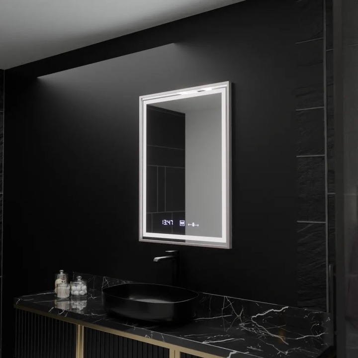 Oglinda LED Rectangulara, 60x80cm, Alb, Verite Imperial Silver Motion Glow Marcello, Sistem Dezaburire, Ceas & Termometru, Dimabila