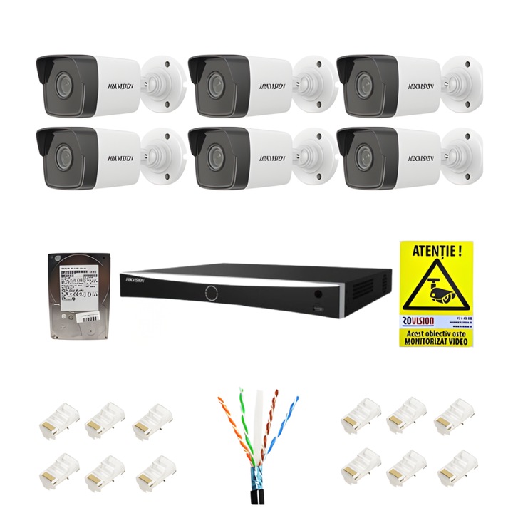 Kit Supraveghere HIKVISION 6 Camere IP 2MP IR 30m PoE cu NVR 8 Canale, HDD 1TB