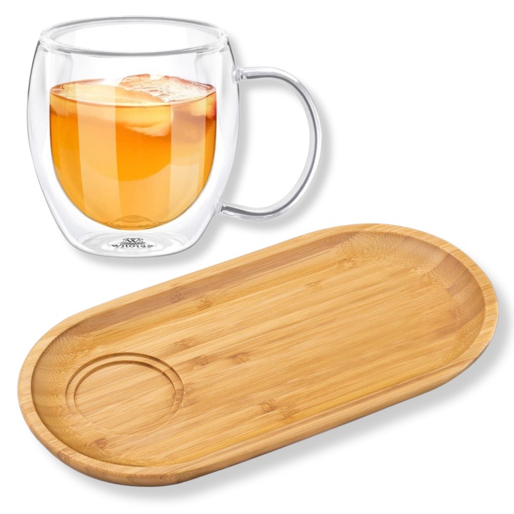 Set cesti cafea, cana ceai sticla perete dublu 500 ml + farfurie bambus 30.5 cm, Wilmax England