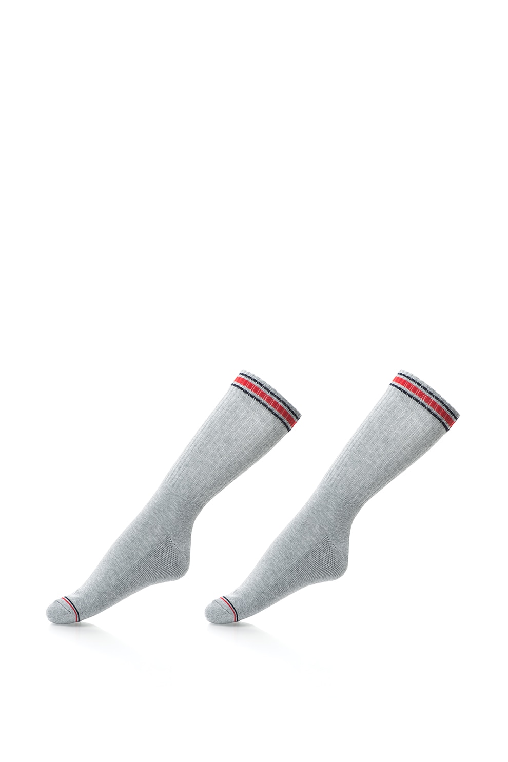 Tommy Hilfiger, Set de sosete lungi cu garnitura striata - 2 perechi, Gri melange, 47-49