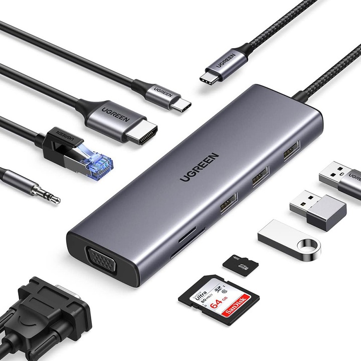USB-C Hub, UGREEN, 10 Port, HDMI, RJ45, Szürke